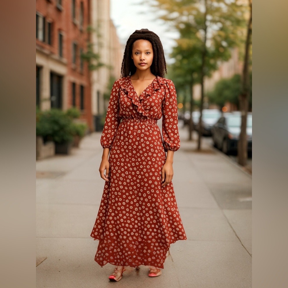 C Orange Ruched Sundress with Bishop Sleeves